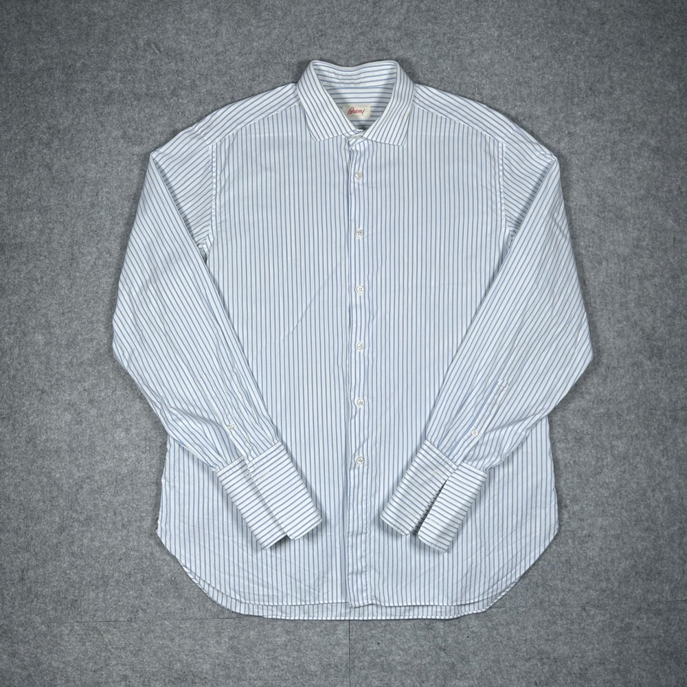 Brioni Dress Shirt Mens 16.5 Blue White Striped Cotton French Cuff Formal Luxury